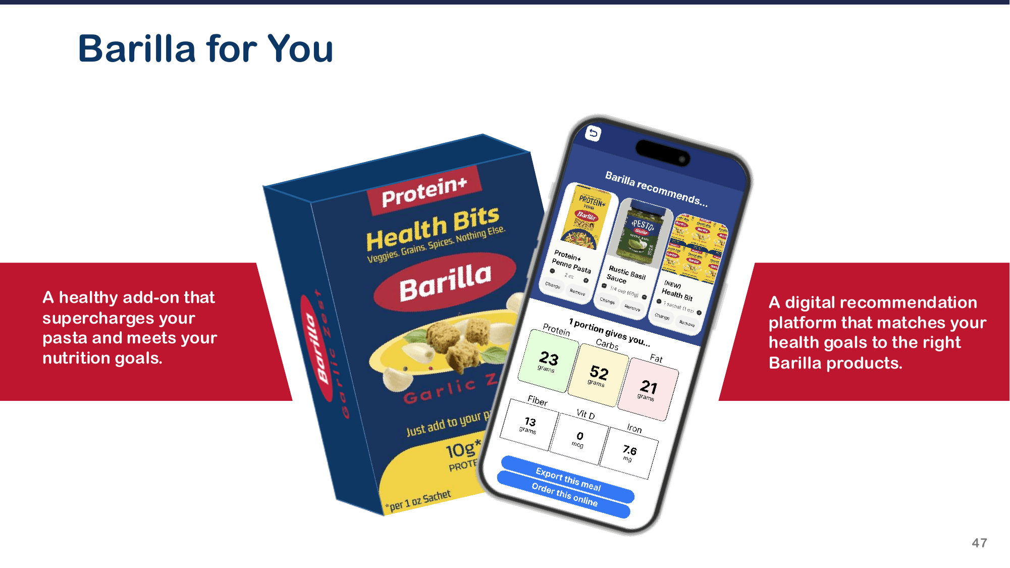 Barilla For You: Health Bits packaging next to a phone showing the recommendation flow