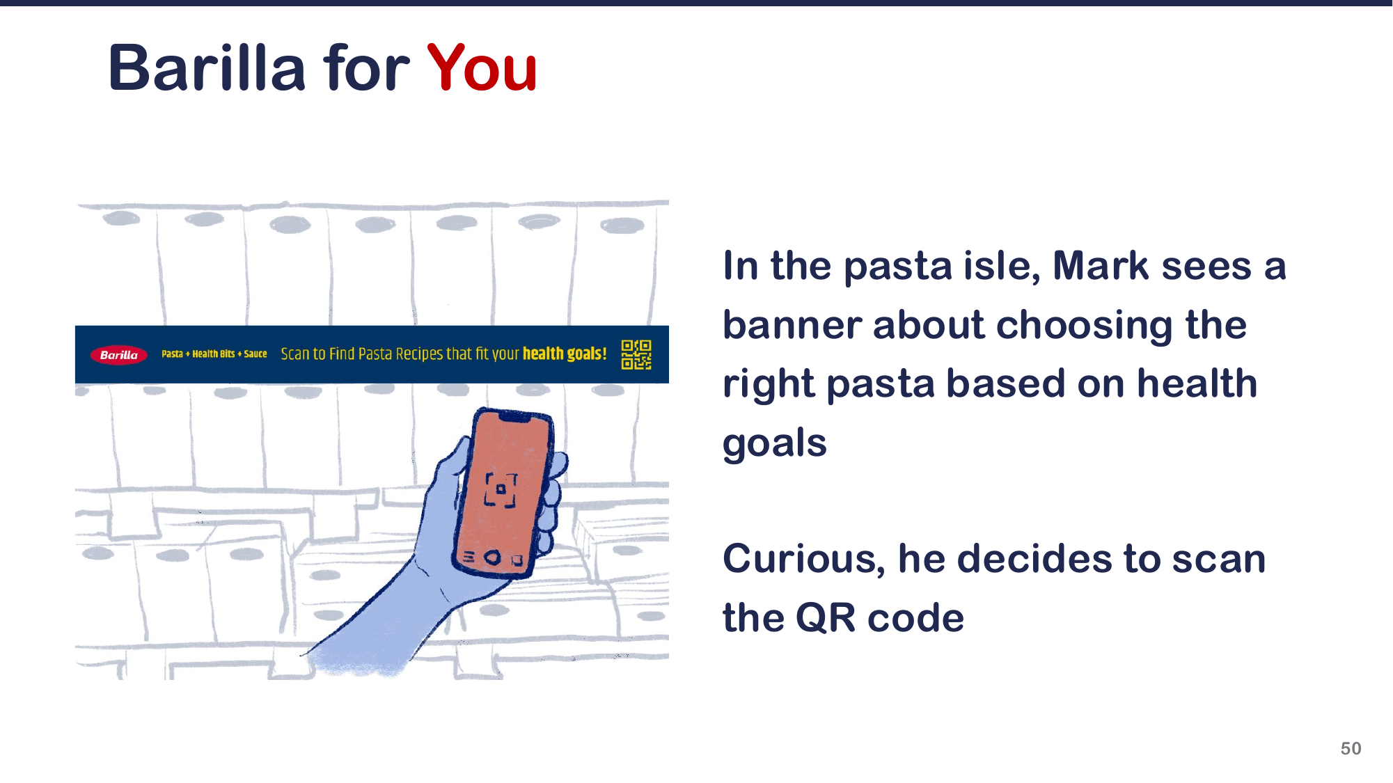 Mark in the pasta aisle scanning a QR code