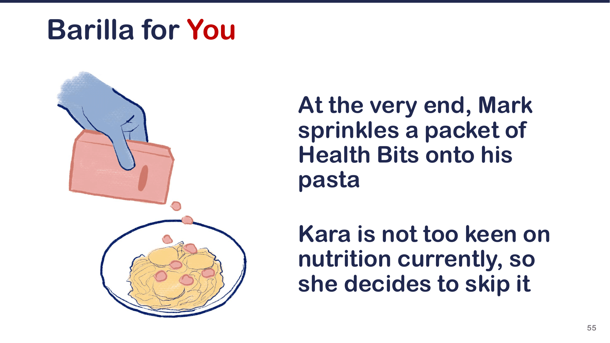 Mark sprinkling Health Bits onto his finished pasta plate