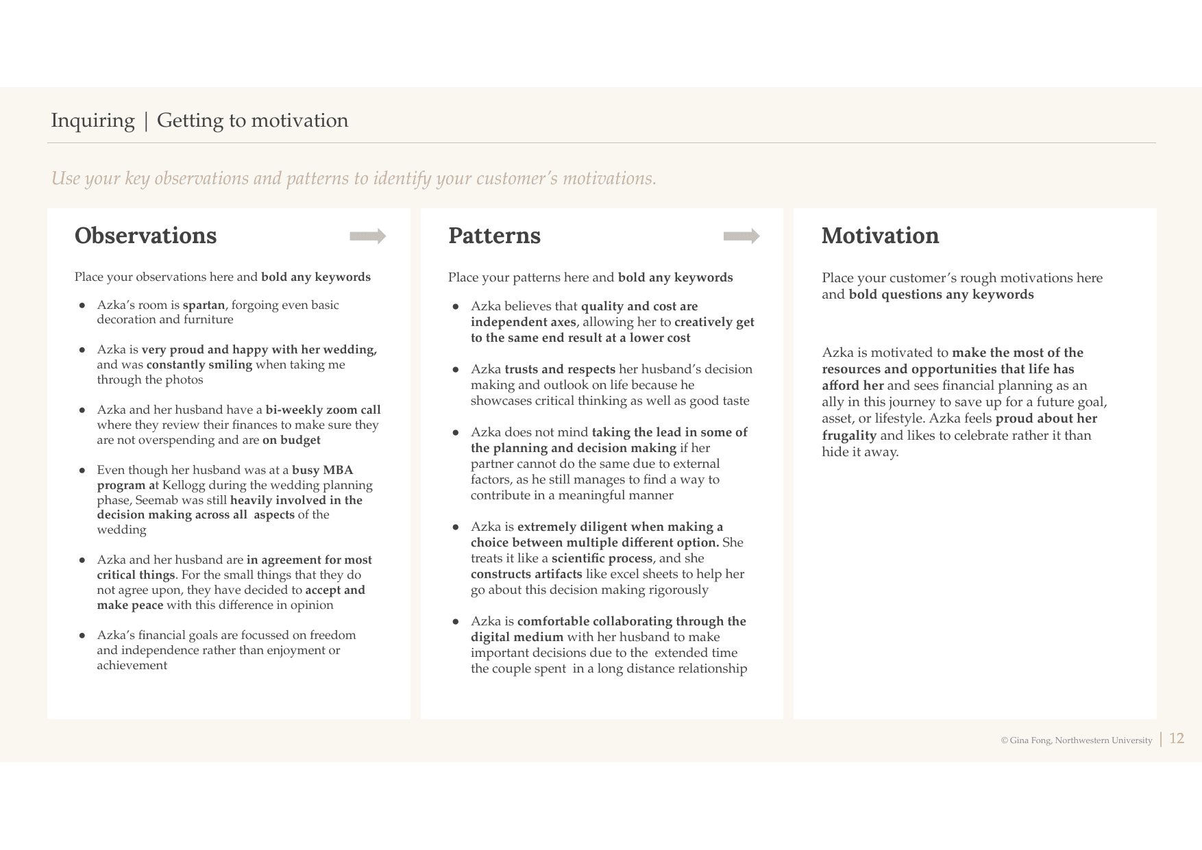 Three-column layout: observations on the left, patterns in the middle, motivation on the right — the deck's working visualization of how raw notes become a customer insight