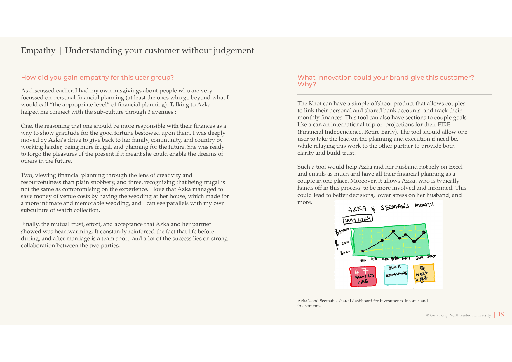 Hand-drawn sketch from the deck showing a shared financial dashboard concept — investment, income, and spending tracked together for a couple